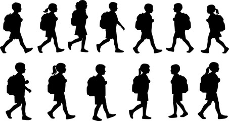 School children silhouettes collection. Diverse kids with backpacks walking to school. Back to school concept for educational projects, websites, and classroom materials.