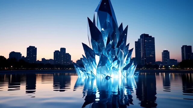 A large,  faceted,  blue crystal structure,  illuminated,  reflects in a calm body of water; a city skyline in the background