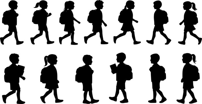 School children silhouettes collection. Diverse kids with backpacks walking to school. Back to school concept for educational projects, websites, and classroom materials. - Powered by Adobe