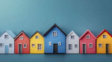 Colorful small house models in row with blue background, showing vibrant red, yellow, blue, and white colors, creating cheerful and playful real estate concept
