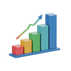Five Bar Graph with Red Yellow Green Blue Bars and a Green Arrow on a Blue Base on a Black Background