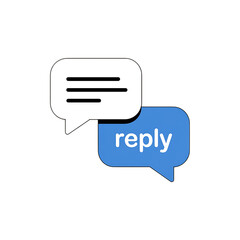Two chat bubbles one white with lines and one blue with the word reply message conversation