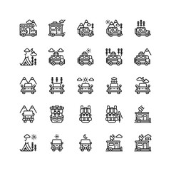 Set of camper can touring forest outline icon and illustration