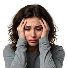Fototapeta premium Crying woman with hands on head isolated on white background. use cases: sadness, depression.