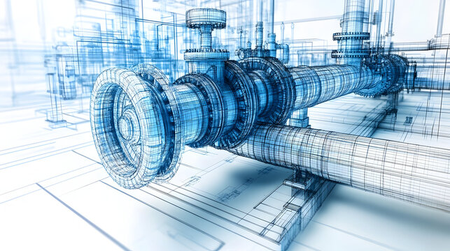 Layered vector illustration of industrial valve components in wireframe format highlighting visible and hidden lines for orthographic projection and mechanical drafting accuracy