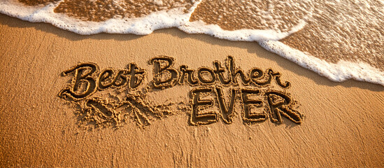 Best Brother Ever Written in Smooth Wet Sand with Minimalist One-Line High-Five Brothers Illustration and Gentle Wave in Wide Beach Scene