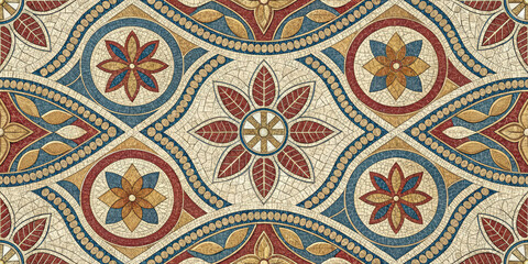 Intricate vintage mosaic pattern with floral motifs and aged texture for classic decor