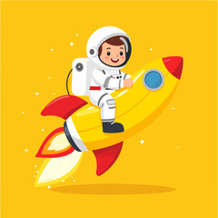 Cheerful cartoon astronaut rides a bright yellow rocket with red fins against a golden background, showing a child's imaginative space adventure.