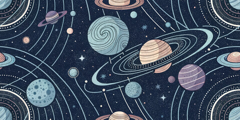 Vibrant cosmic pattern featuring planets and orbits, perfect for space-themed designs and educational content.