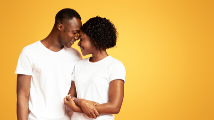 Closeup of loving black couple attractive young man and woman in jeans and white t-shirts bonding...