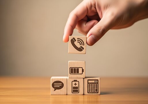Hand stacking wooden blocks with communication, battery, and calculator icons