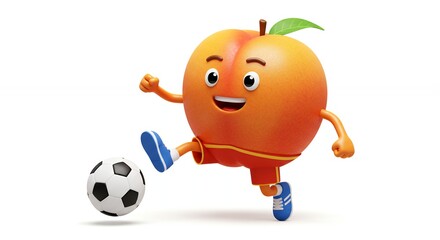Animated peach character kicking a soccer ball on white background