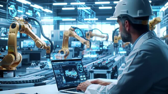 Caucasian Engineer Standing in an Industrial Facility, Using Laptop at an Electronics Factory. Modern Production Conveyor Belt Highlighted with Digital Infiormation, Visualizing Computer Vision