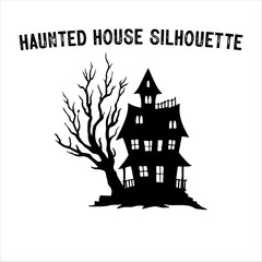 Spooky Haunted House Silhouette with Bare Trees – Halloween Vector