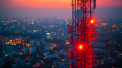 Naklejka premium Close-up view of a 5G cellular tower broadcasting wireless broadband signals, showcasing modern antennas for mobile data transmission and next-generation telecommunication networks.