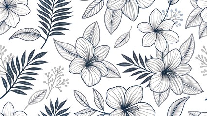 Elegant Blue Floral Pattern with Hibiscus and Fern Leaves on White Background