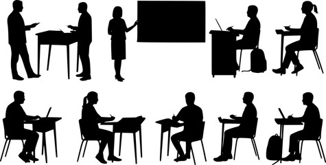 Teacher and students in classroom silhouette learning illustration

