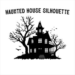 Spooky Haunted House Silhouette with Bare Trees – Halloween Vector