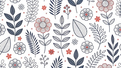 Pattern of Hand-drawn Flowers and Leaves in Navy and Coral Colors on White Background