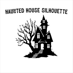 Spooky Haunted House Silhouette with Bare Trees – Halloween Vector