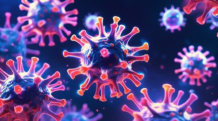 Microscopic illustration of glowing virus particles in vibrant purple and red colours. Scientific visualization for biology, microbiology, medicine, health care, and treatment.