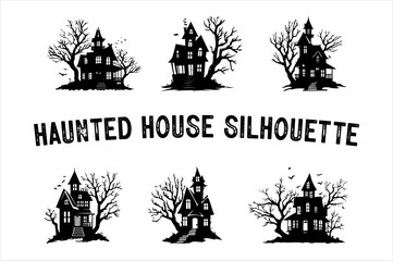 Spooky Haunted House Silhouette with Bare Trees – Halloween Vector