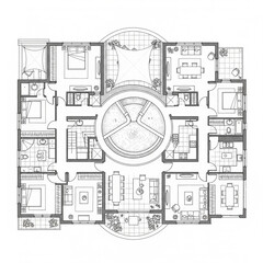 Luxury Apartment Floor Plan, Modern Home Layout, Circular Design, Multi-Bedroom Dwelling, Architectural Drawing