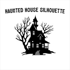Spooky Haunted House Silhouette with Bare Trees – Halloween Vector
