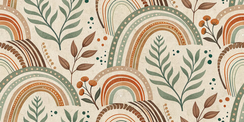 Charming boho rainbow pattern with earthy foliage and playful dots creates a whimsical, natural aesthetic.