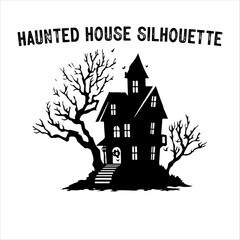 Spooky Haunted House Silhouette with Bare Trees – Halloween Vector