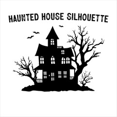 Spooky Haunted House Silhouette with Bare Trees – Halloween Vector
