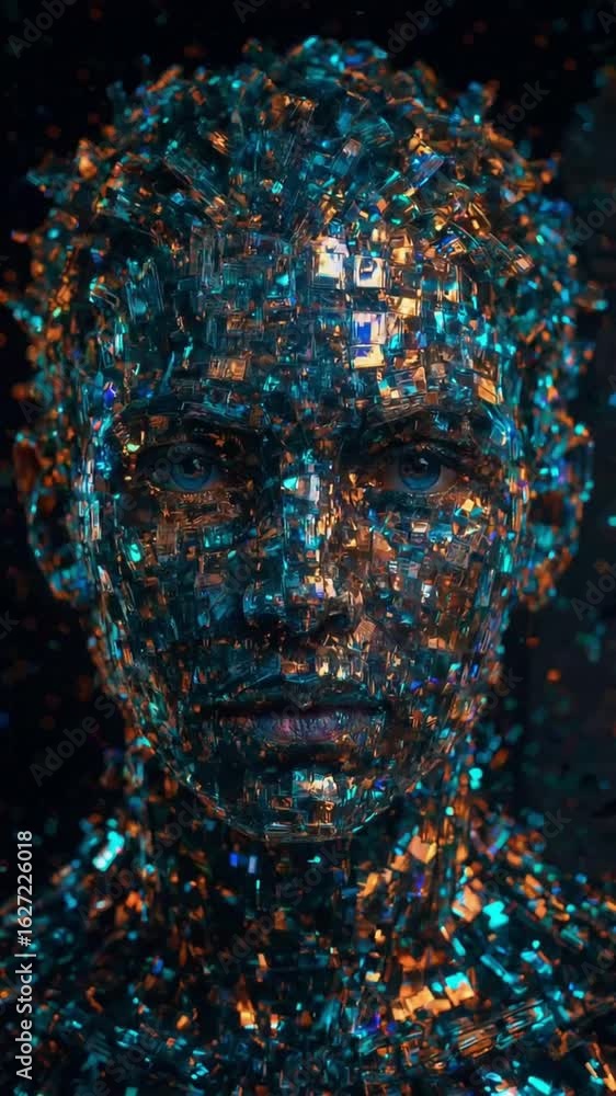 Poster a surreal face made of reflective metallic shards and glowing prisms forms an eerie, lifelike expres