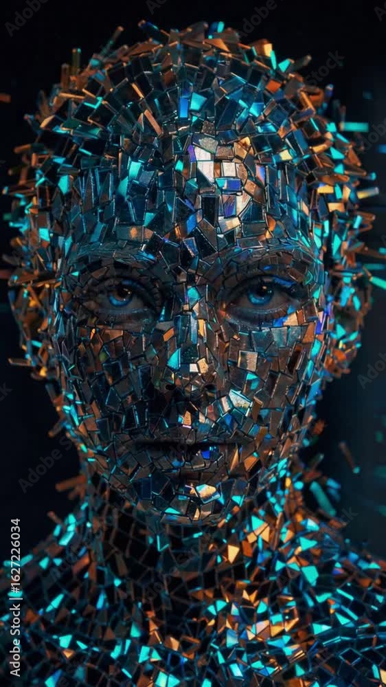 Poster a surreal face made of reflective metallic shards and glowing prisms forms an eerie, lifelike expres