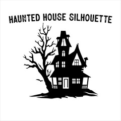 Spooky Haunted House Silhouette with Bare Trees – Halloween Vector