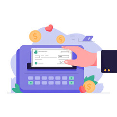 Hand Inserting a Check into a Purple Machine with Floating Coins and Hearts on a Transparent Background