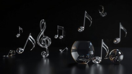 Melody of light and glass musical notes dancing around a glass orb