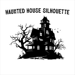 Spooky Haunted House Silhouette with Bare Trees – Halloween Vector
