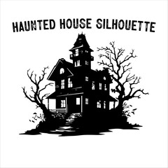 Spooky Haunted House Silhouette with Bare Trees – Halloween Vector