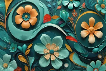 Vibrant Curvy Abstract Floral Art Inspired by Retro 60s and 70s Designs in Calming Teal Hues