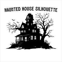 Spooky Haunted House Silhouette with Bare Trees – Halloween Vector