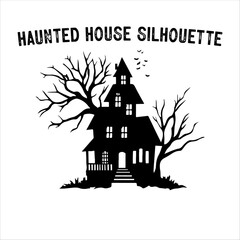 Spooky Haunted House Silhouette with Bare Trees – Halloween Vector