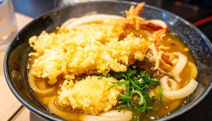 udon ramen noodles with shrimps tempura. japanese food 