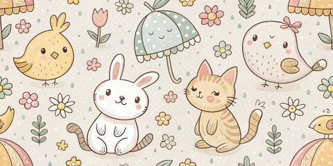 Charming Easter friends featuring cute animals and spring flowers create a delightful celebration pattern
