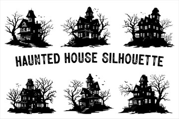 Spooky Haunted House Silhouette with Bare Trees – Halloween Vector