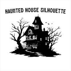 Spooky Haunted House Silhouette with Bare Trees – Halloween Vector