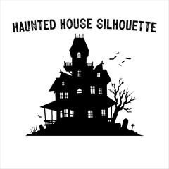 Spooky Haunted House Silhouette with Bare Trees – Halloween Vector