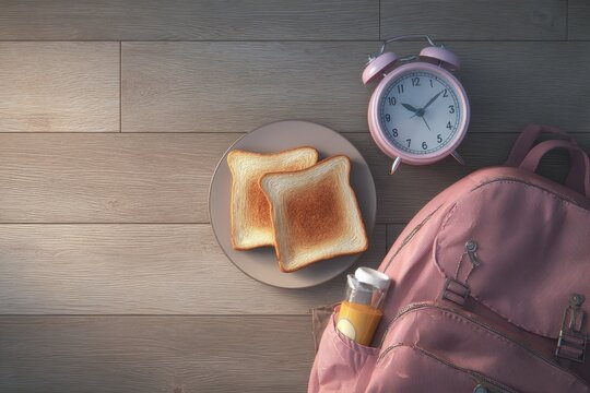 Toast breakfast, alarm clock, backpack on floor. Back to school flat lay, ad use