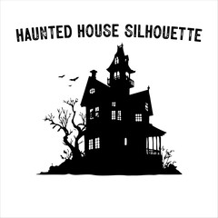 Spooky Haunted House Silhouette with Bare Trees – Halloween Vector