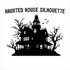 Spooky Haunted House Silhouette with Bare Trees – Halloween Vector