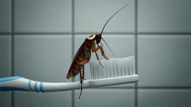 Close up shot of a cockroach on a toothbrush illustrating hygiene and pest control challenges in a bathroom setting highlighting pest presence and potential health issues